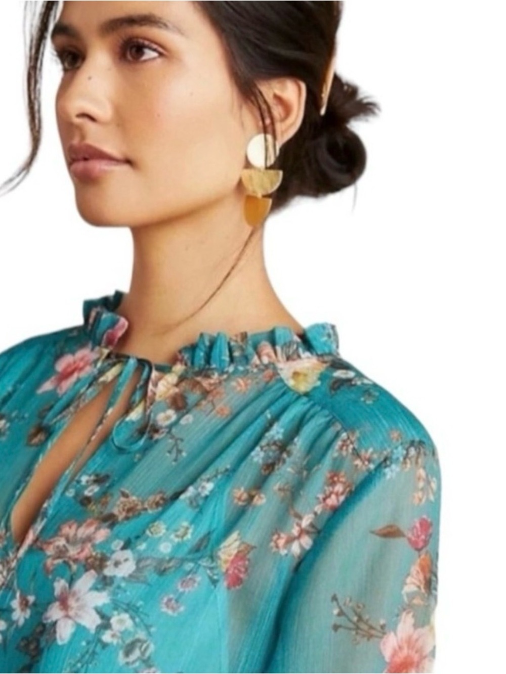 NWT Anthropologie Maive Teal Floral Ruffle-Trim Sheer Long-Sleeve Dress. Size XS - Picture 4 of 16